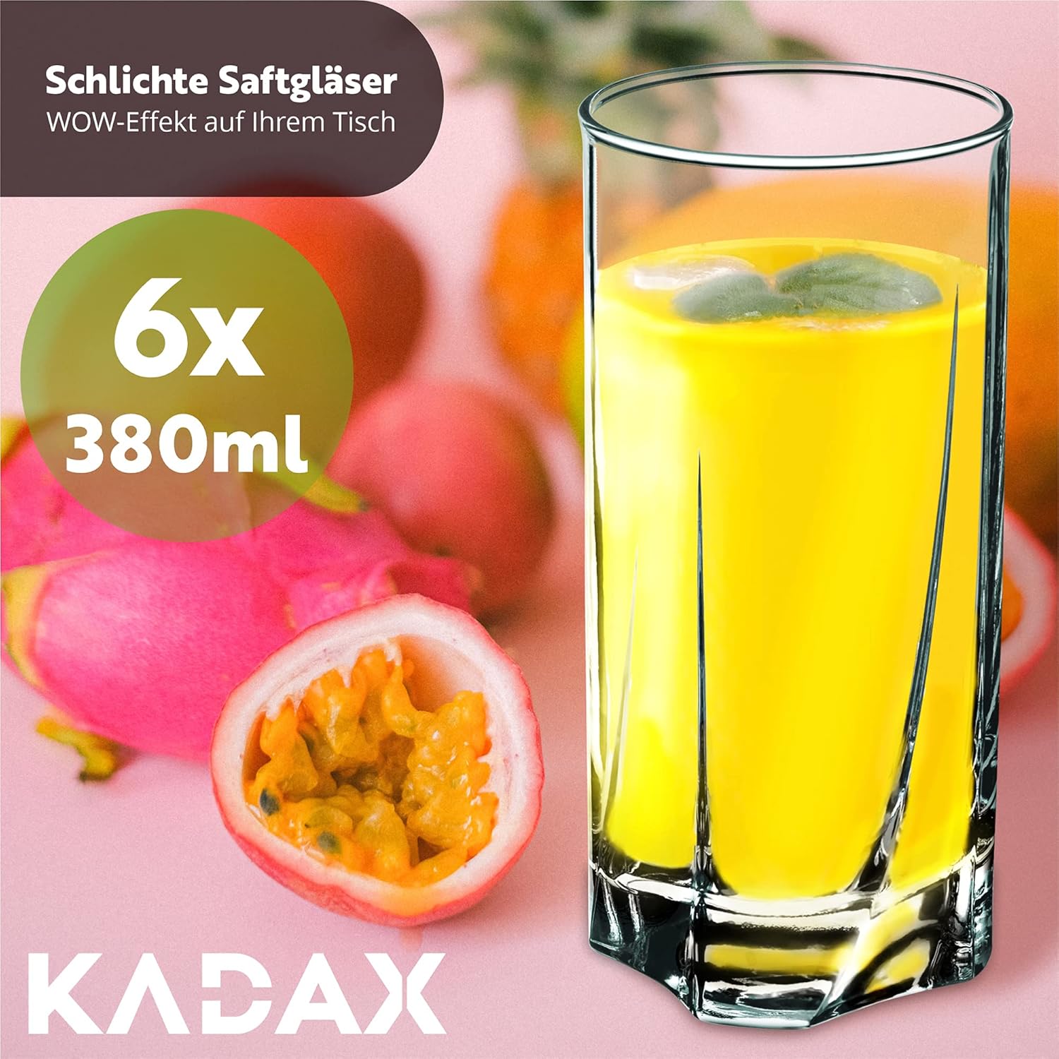 KADAX Premium Glass Drinking Glasses, Set of 6 Water Glasses, Thick-walled Juice Glasses, Ribbed Glasses for Water, Drinks, Juice, Party, Cocktail Glasses, Drink Glasses (High, 380 ml)