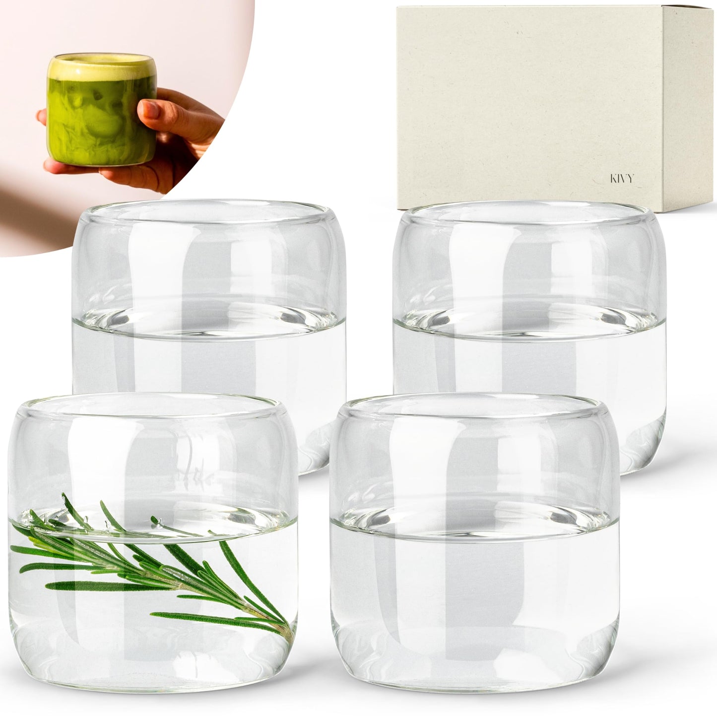 KIVY Drinking Glasses Set with Glass Straw, 4 x 450 ml, for Iced Coffee, Water and Cocktails, Long Drink Glasses, Iced Coffee Glasses, Coffee Glasses, Matcha and Coffee Glasses