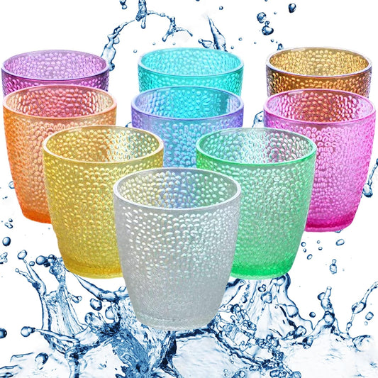 MINGZE Water Glass,Colored Shatterproof Stackable Reusable Transparent Plastic Drinking Cup Juice Glass Drinking Glass Wine Glass For Beer Cocktail For Home Restaurants Picnic Parties (9pcs 300ml)