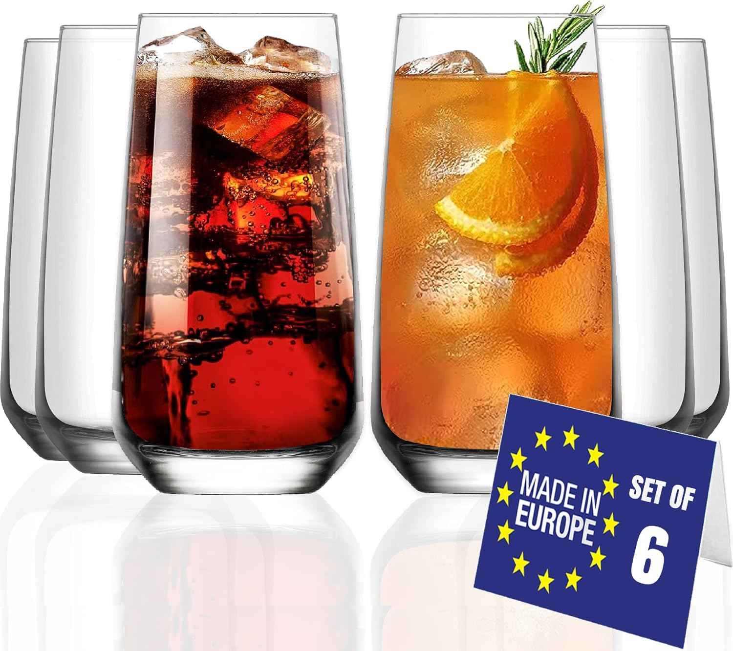 NORDIC SCHILLER Long Drink Glasses, Cocktail Glasses, Set of 6, 480 ml, 100 Pieces, Mojito Free, Water Glasses, Dishwasher Safe, Drinking Glasses, Large Long Drink Glass, Highball Glasses, Coktail