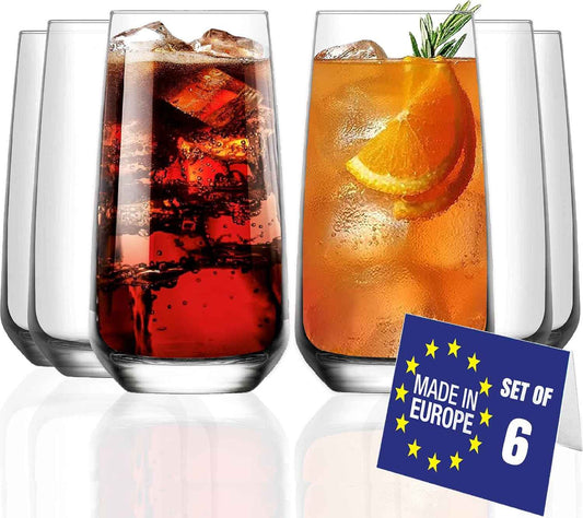 NORDIC SCHILLER Long Drink Glasses, Cocktail Glasses, Set of 6, 480 ml, 100 Pieces, Mojito Free, Water Glasses, Dishwasher Safe, Drinking Glasses, Large Long Drink Glass, Highball Glasses, Coktail