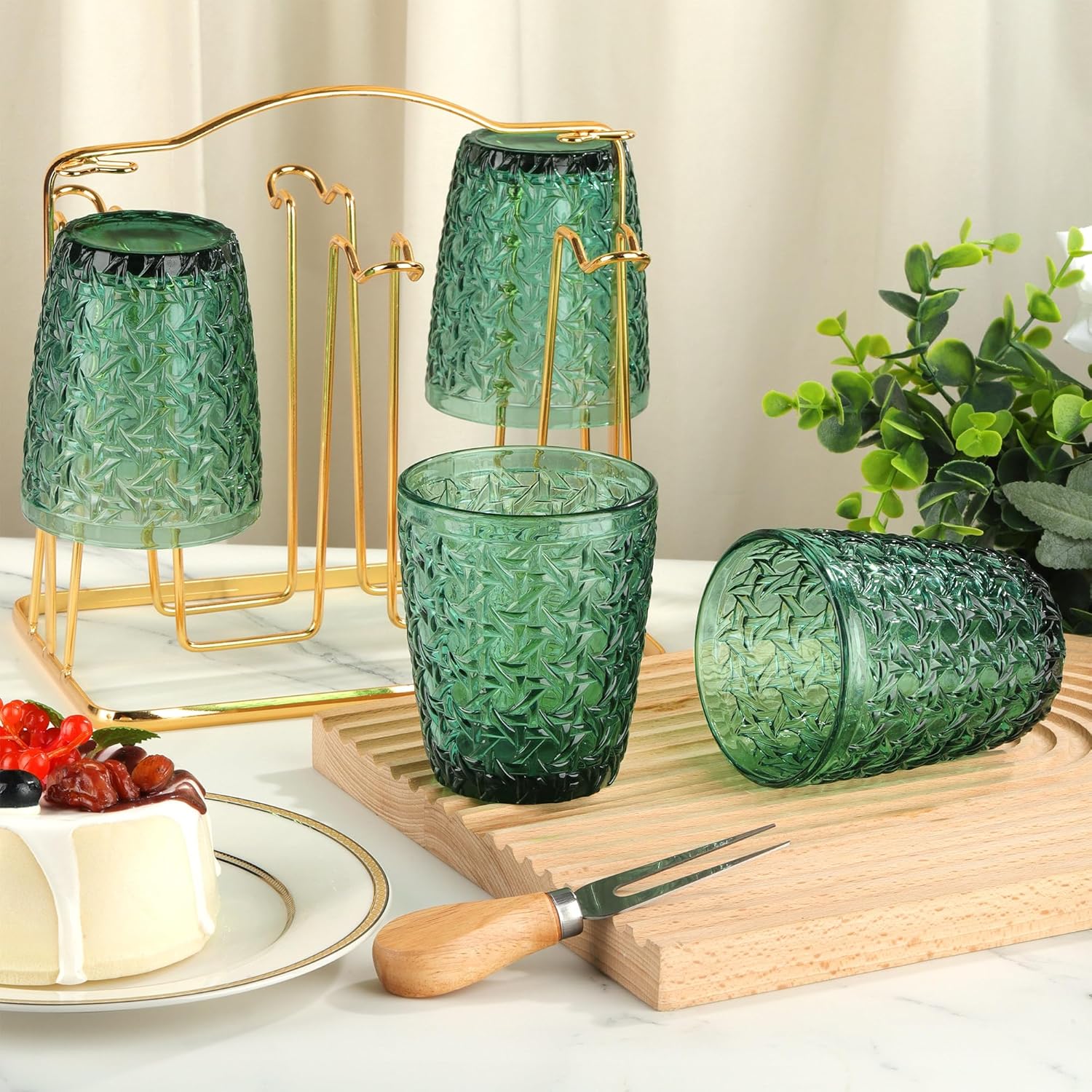 Joeyan 300 ml green glasses, set of 6, vintage drinking glasses, colourful with embossed design, coloured water glasses, dishwasher safe