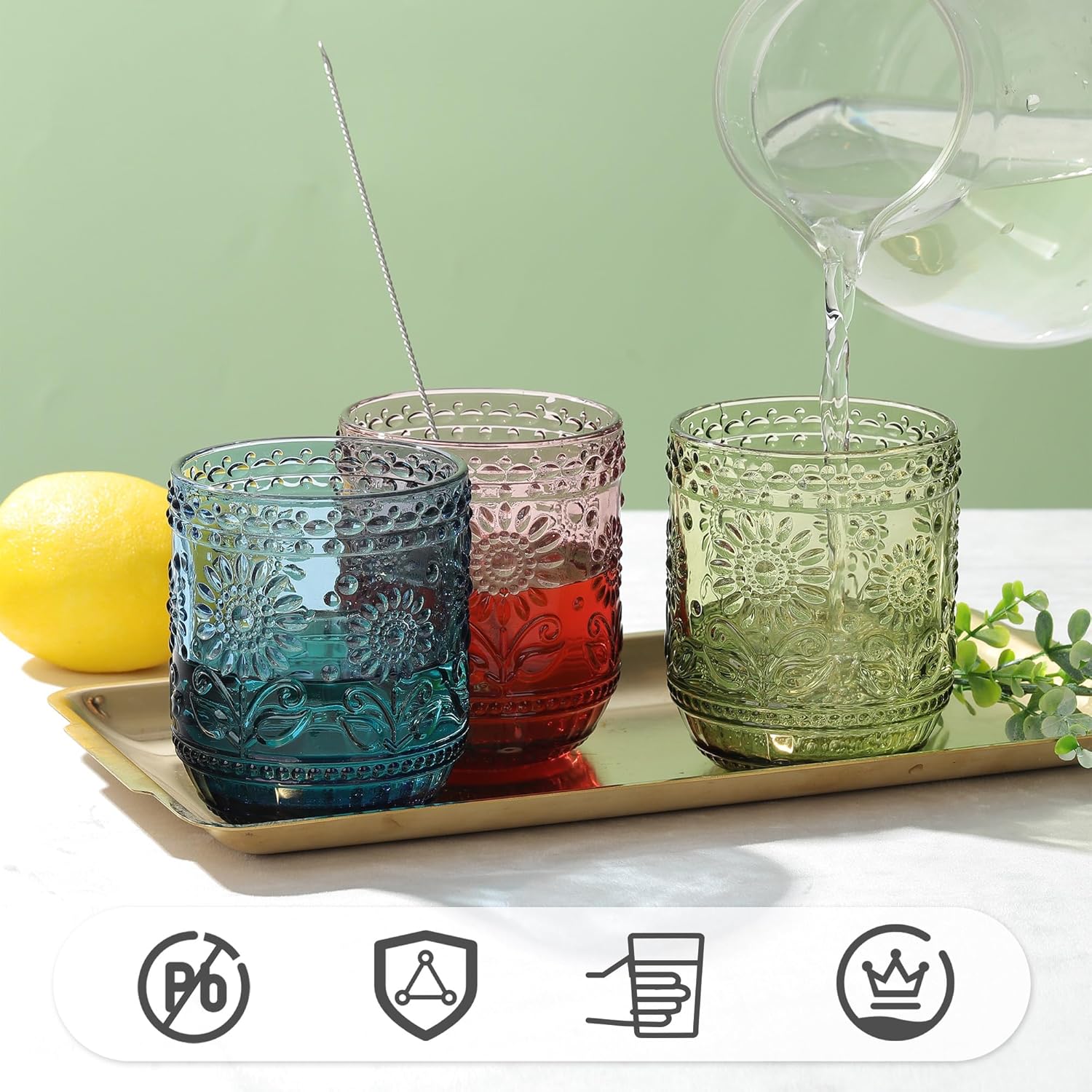 Joeyan Colourful Water Glass, Pack of 4, 360 ml, Stackable, Blue Drinking Glasses, Vintage Flower Embossed Tumblers, for Juice, Drinks, Beer, Cocktail, Lemonade, Juice, Dishwasher Safe