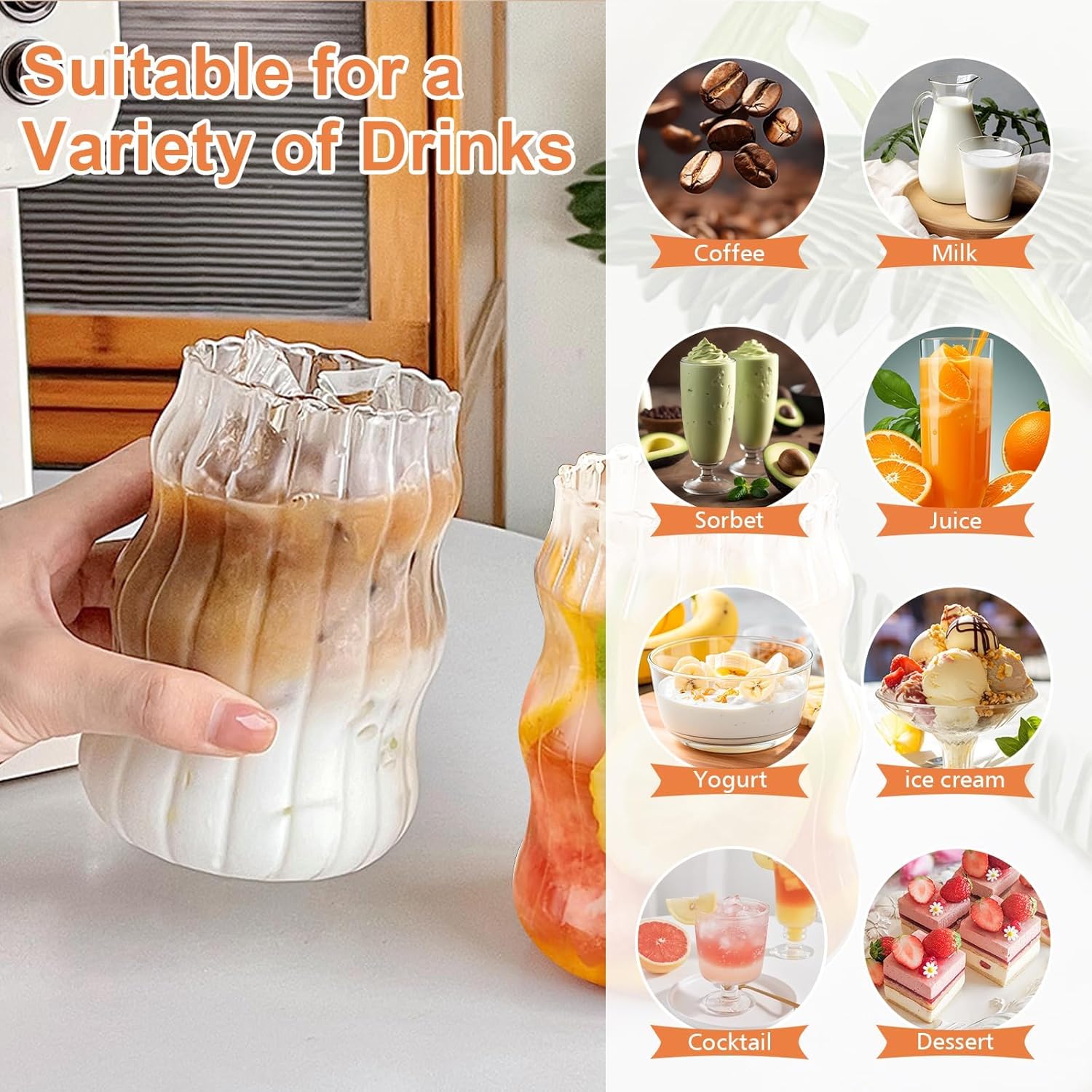 Pgtc 530ml Bubble Glasses with Straw,4 Pcs Ribbed Drinking Glasses,Wavy Glasses,Tumbler Glass Cups,Water Glasses for Latte Macchiato,Iced Coffee,Whisky,Cocktails, Yogurt, Soda, Coffee