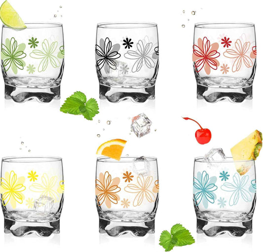 PLATINUX Flower Print Drinking Glasses Set of 6, 250 ml, Water Glasses, Juice Glasses with Beautiful Bottom, Small
