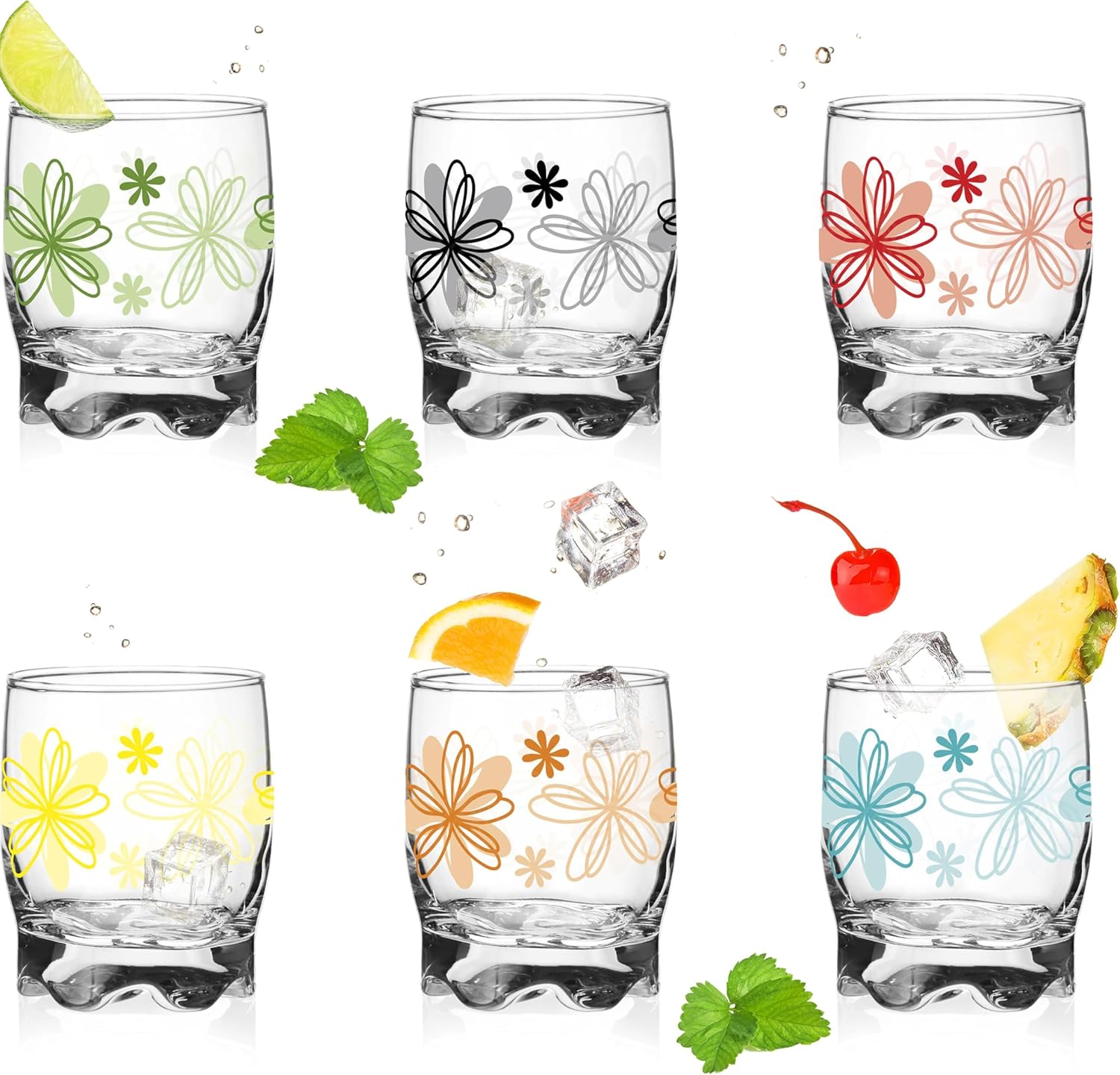 PLATINUX Flower Print Drinking Glasses Set of 6, 250 ml, Water Glasses, Juice Glasses with Beautiful Bottom, Small