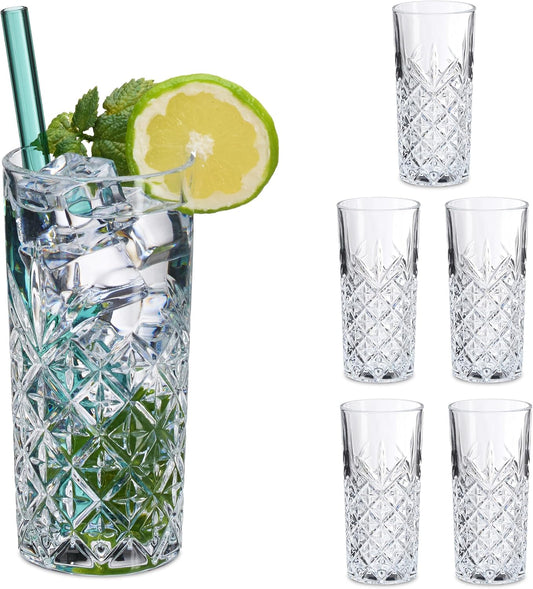 Relaxdays Long Drink Glasses Set of 6, 300 ml, Embossed Drinking Glasses, Dishwasher Safe, Thick Water Glasses, Transparent