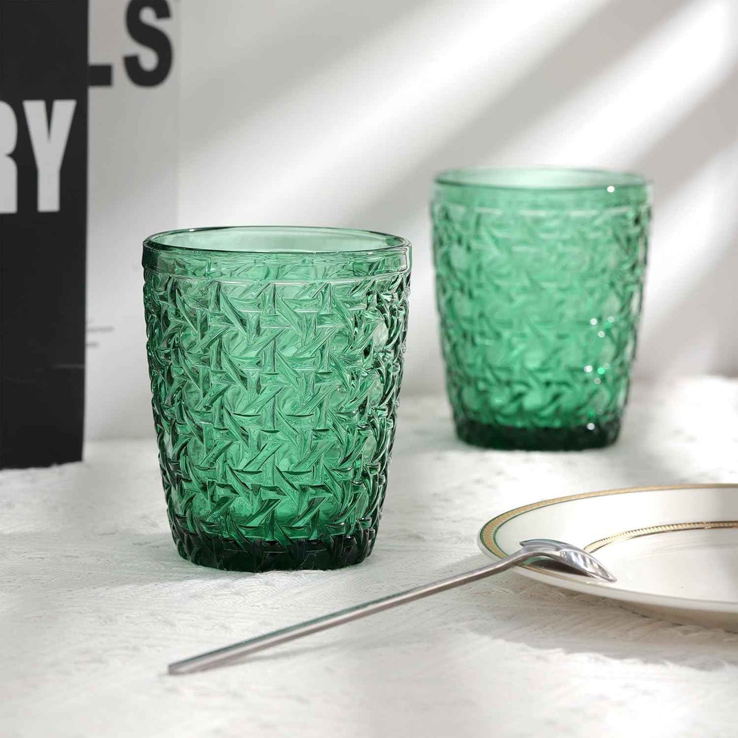 Joeyan 300 ml green glasses, set of 6, vintage drinking glasses, colourful with embossed design, coloured water glasses, dishwasher safe