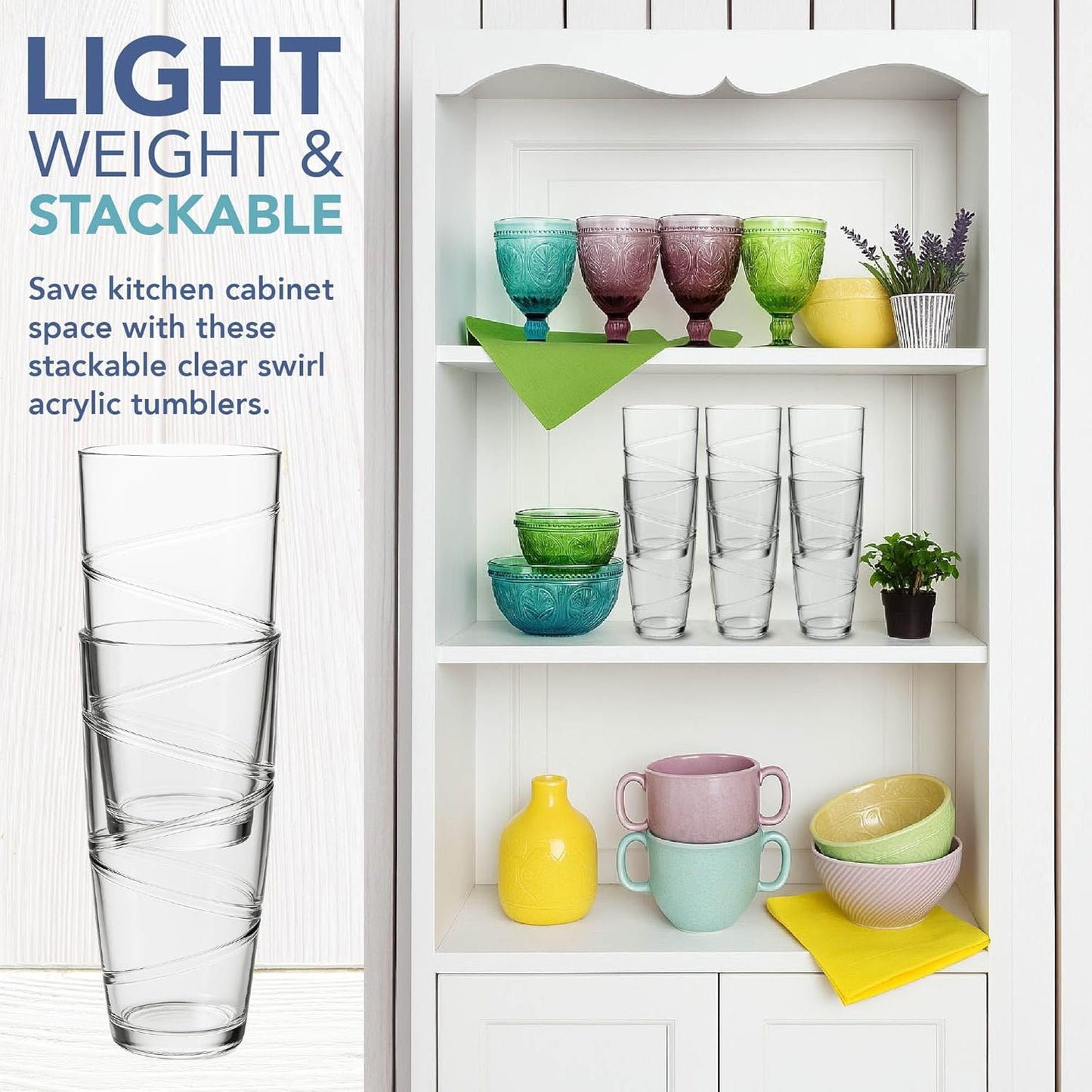 HEFTMAN Acrylic Plastic Drinking Glasses, 10-550 ml with Swirl Design, Stackable Reusable Plastic Glasses for Garden, Picnic, Camping, Barbecue, Parties or Daily Use (Transparent)