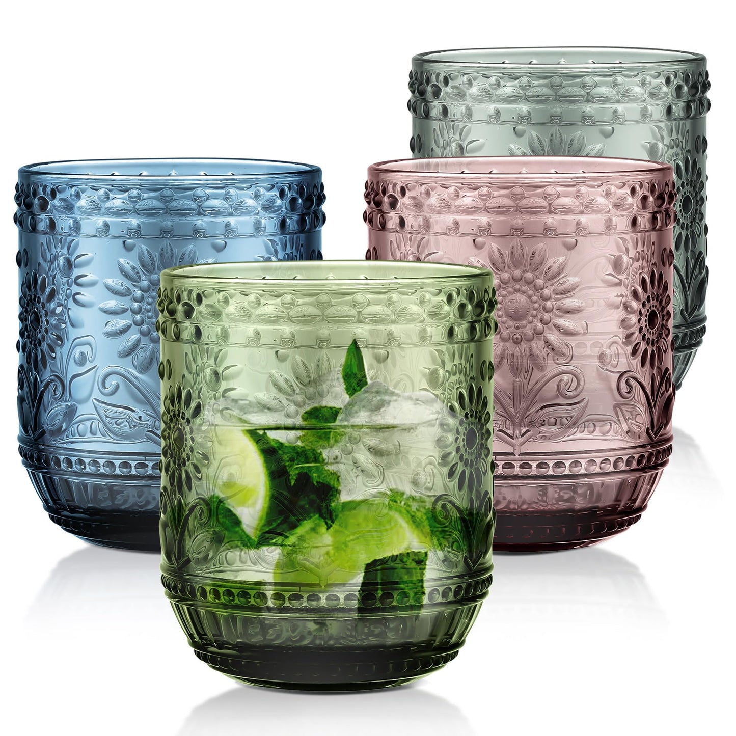 Joeyan Colourful Water Glass, Pack of 4, 360 ml, Stackable, Blue Drinking Glasses, Vintage Flower Embossed Tumblers, for Juice, Drinks, Beer, Cocktail, Lemonade, Juice, Dishwasher Safe