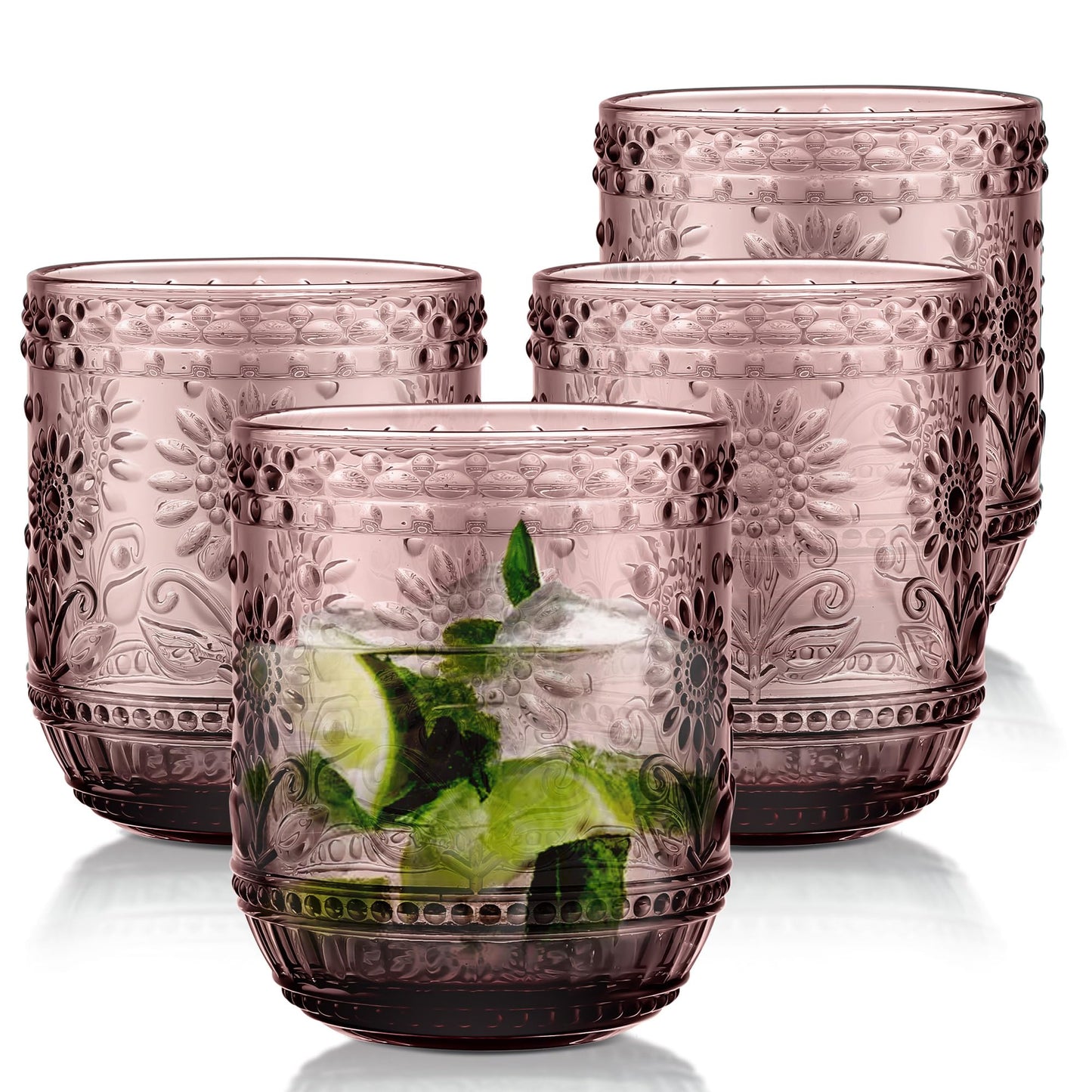 Joeyan Colourful Water Glass, Pack of 4, 360 ml, Stackable, Blue Drinking Glasses, Vintage Flower Embossed Tumblers, for Juice, Drinks, Beer, Cocktail, Lemonade, Juice, Dishwasher Safe