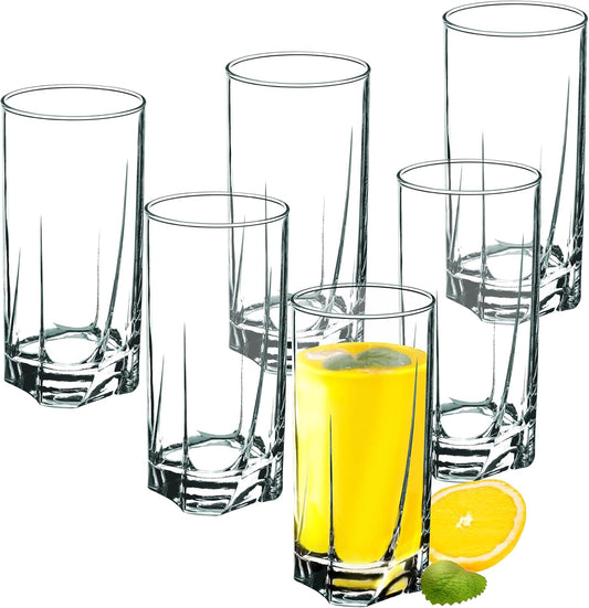 KADAX Premium Glass Drinking Glasses, Set of 6 Water Glasses, Thick-walled Juice Glasses, Ribbed Glasses for Water, Drinks, Juice, Party, Cocktail Glasses, Drink Glasses (High, 380 ml)