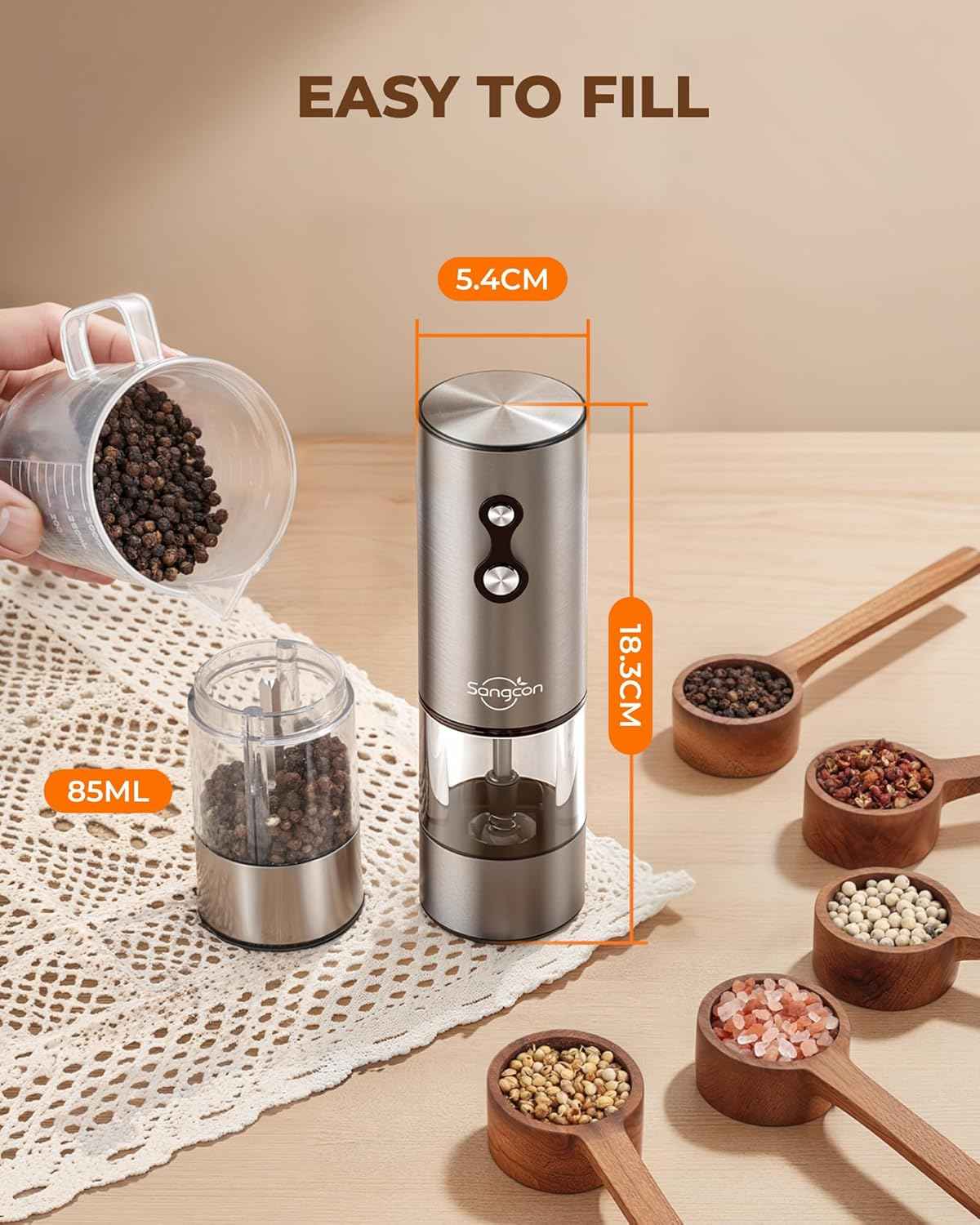Electric Salt and Pepper Mill Set - Rechargeable Stainless Steel Automatic Grinder - The Silver Spoon