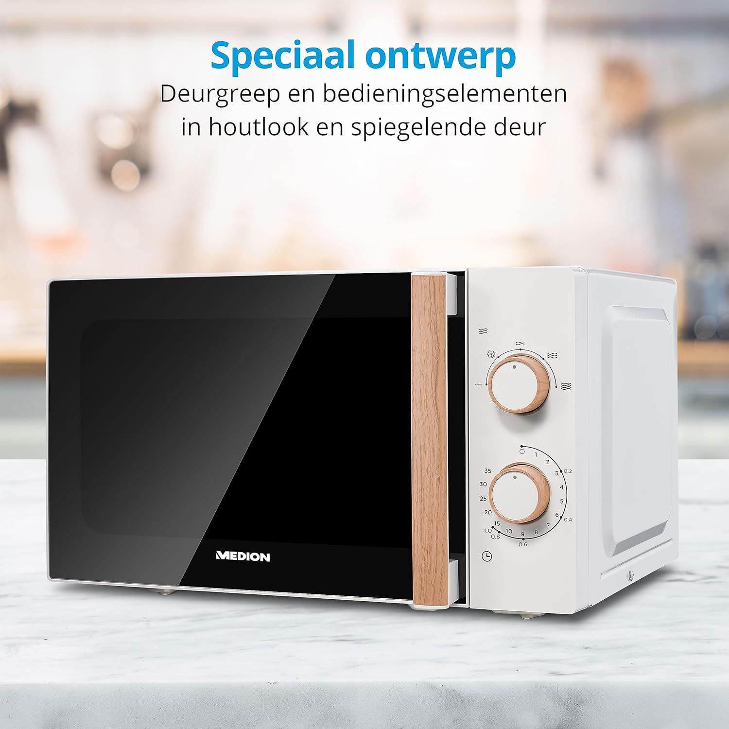 MEDION Microwave oven (wood look, 20 litres, 700 watts, mirror door, 5 power modes, defrost function, timer, MD10596) white