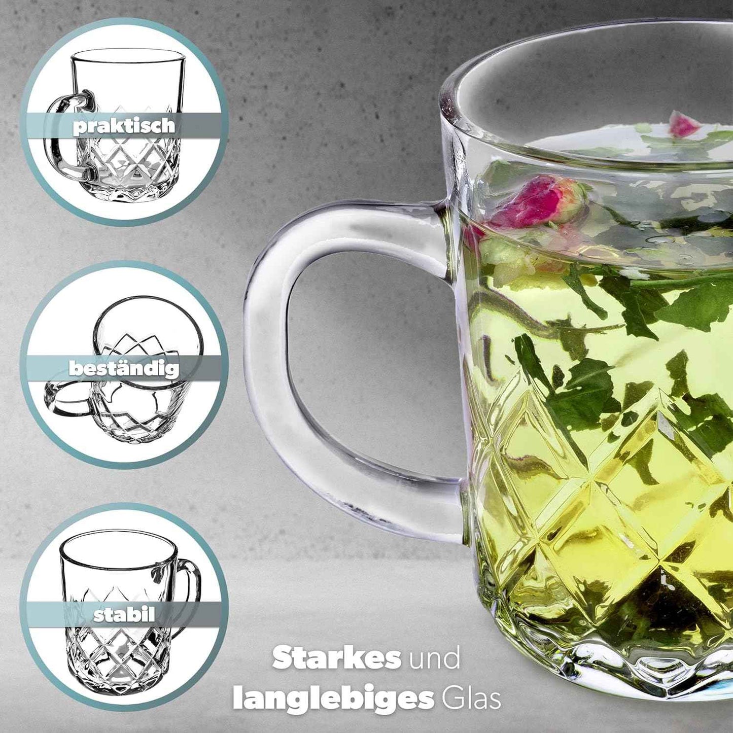 KADAX Tea Glasses Set of 6 Glasses with Handle, Glass Cups for 6 People, Dishwasher Safe, Drinking Glasses for Coffee, Tea, Water, Juice, Drink, Juice Glasses, Water Glasses, Glass Set