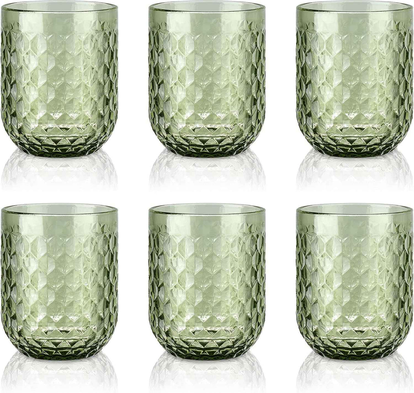 Joeyan Set of 6 Green Water Glass Glasses, 200 ml, Embossed Glass, Elegant Retro Colour Tableware, Glassware for Bar, Restaurant Home, Dishwasher Safe
