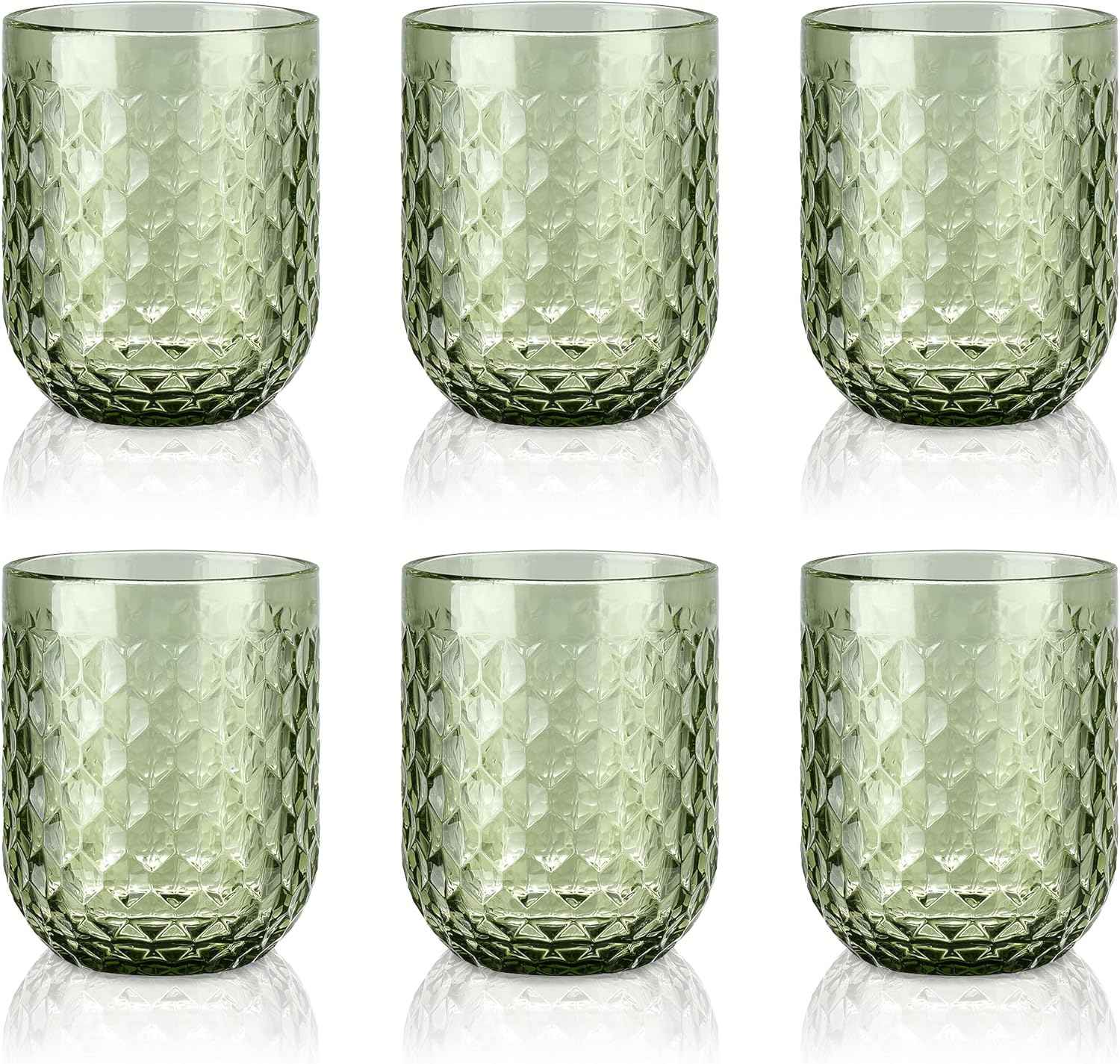 Joeyan Set of 6 Green Water Glass Glasses, 200 ml, Embossed Glass, Elegant Retro Colour Tableware, Glassware for Bar, Restaurant Home, Dishwasher Safe