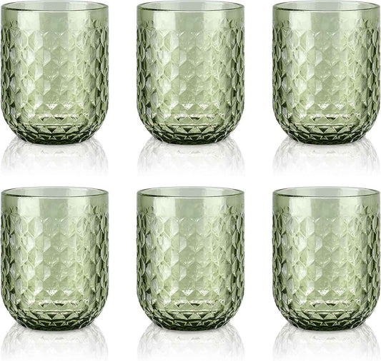 Joeyan Set of 6 Green Water Glass Glasses, 200 ml, Embossed Glass, Elegant Retro Colour Tableware, Glassware for Bar, Restaurant Home, Dishwasher Safe