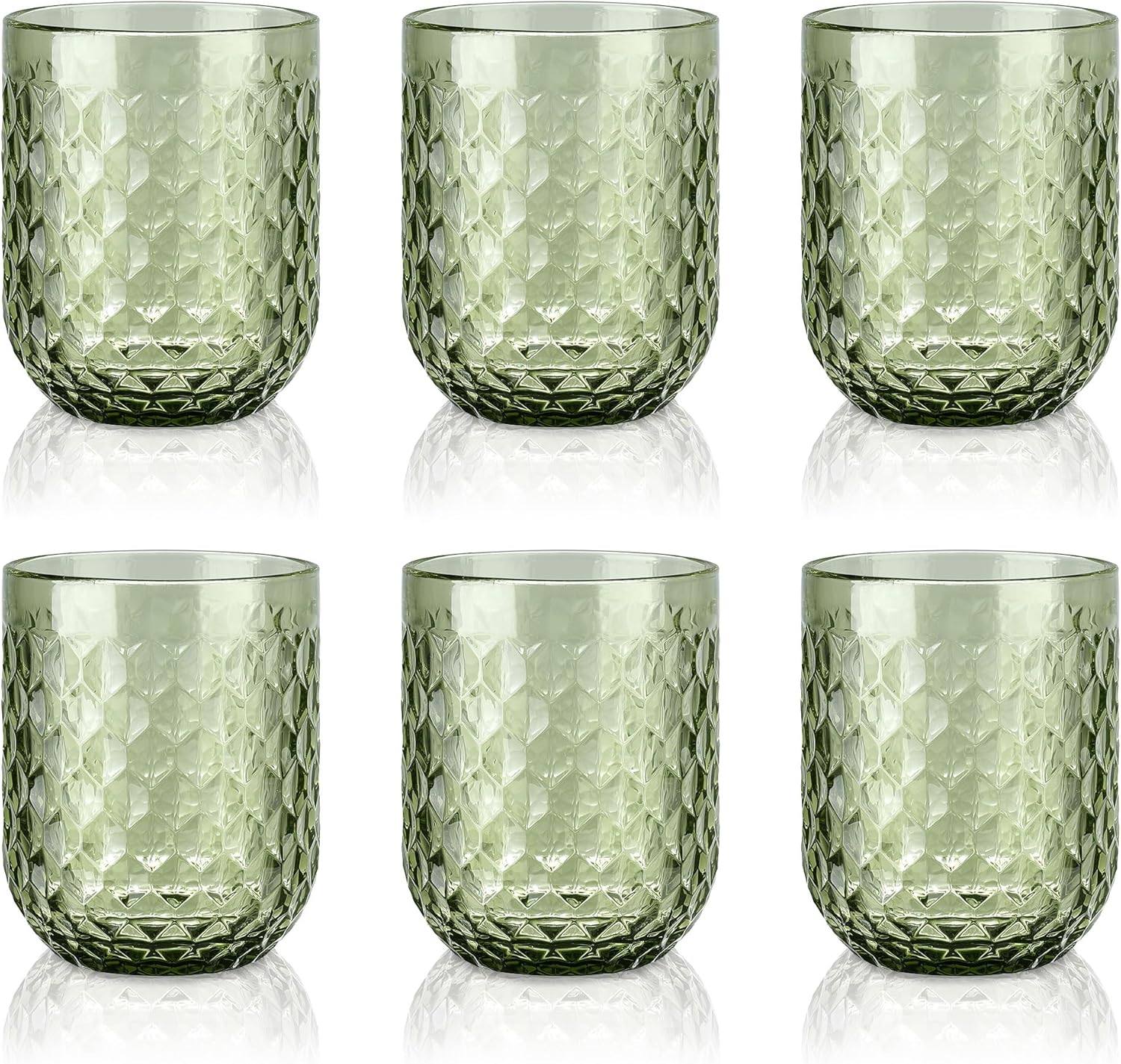 Joeyan Set of 6 Green Water Glass Glasses, 200 ml, Embossed Glass, Elegant Retro Colour Tableware, Glassware for Bar, Restaurant Home, Dishwasher Safe