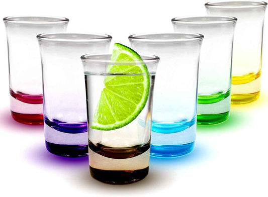 volila Colored Shot Glasses - Set of 6 Shot Glasses with Heavy Bottom of 50ml - Small Shot Glasses for Hunter Bomb Shots, Jello Shots, Tequila Shot Glasses and Bar Glassware Drinking Shots
