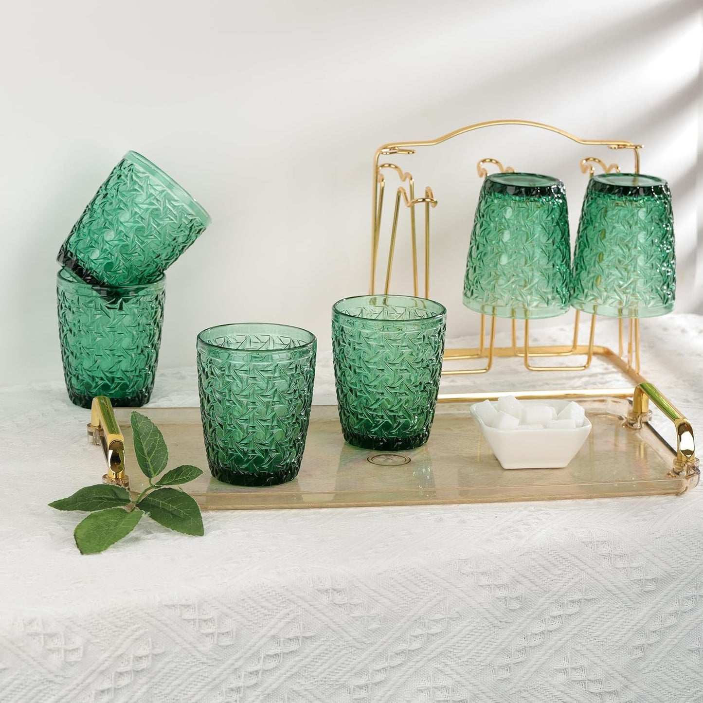 Joeyan 300 ml green glasses, set of 6, vintage drinking glasses, colourful with embossed design, coloured water glasses, dishwasher safe