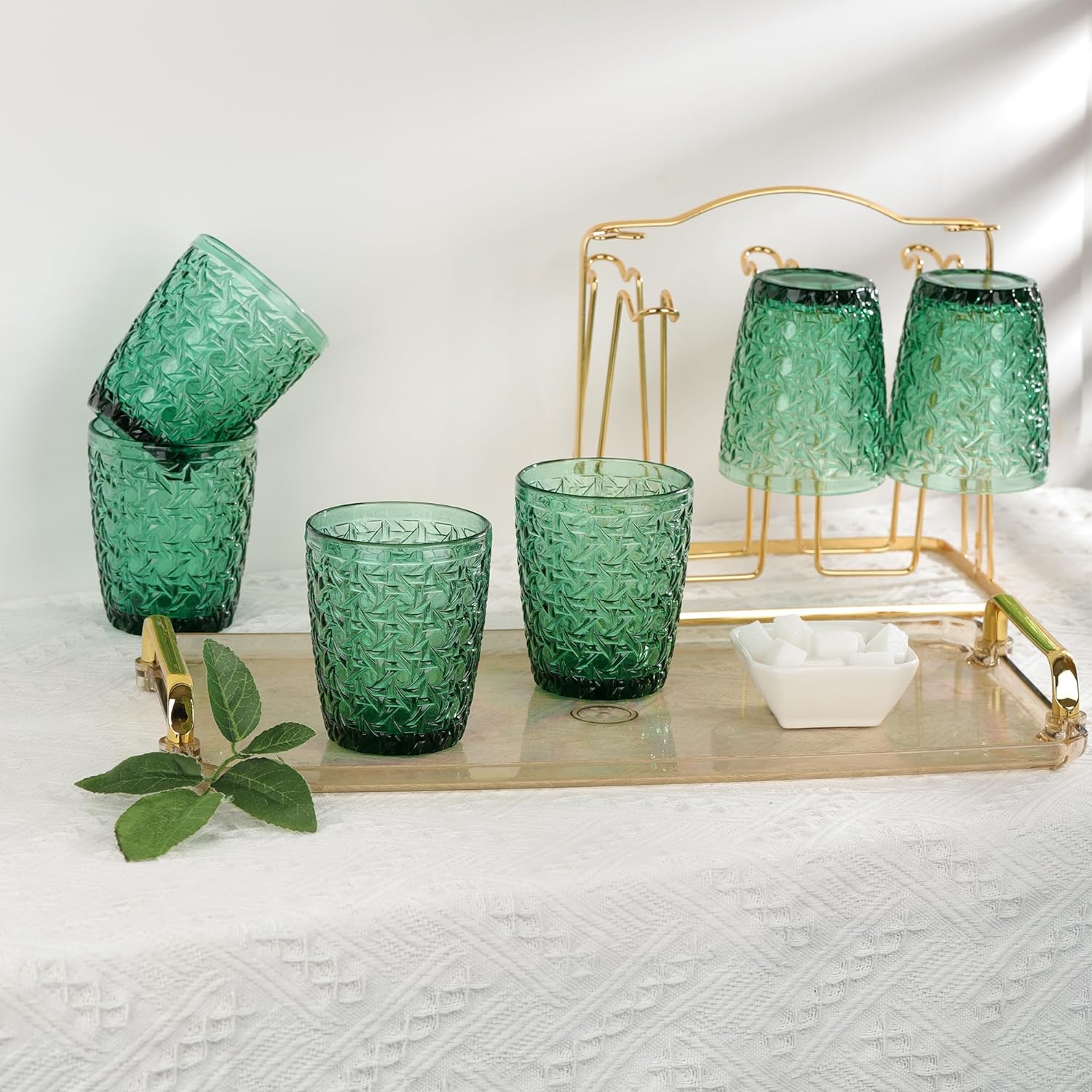 Joeyan 300 ml green glasses, set of 6, vintage drinking glasses, colourful with embossed design, coloured water glasses, dishwasher safe