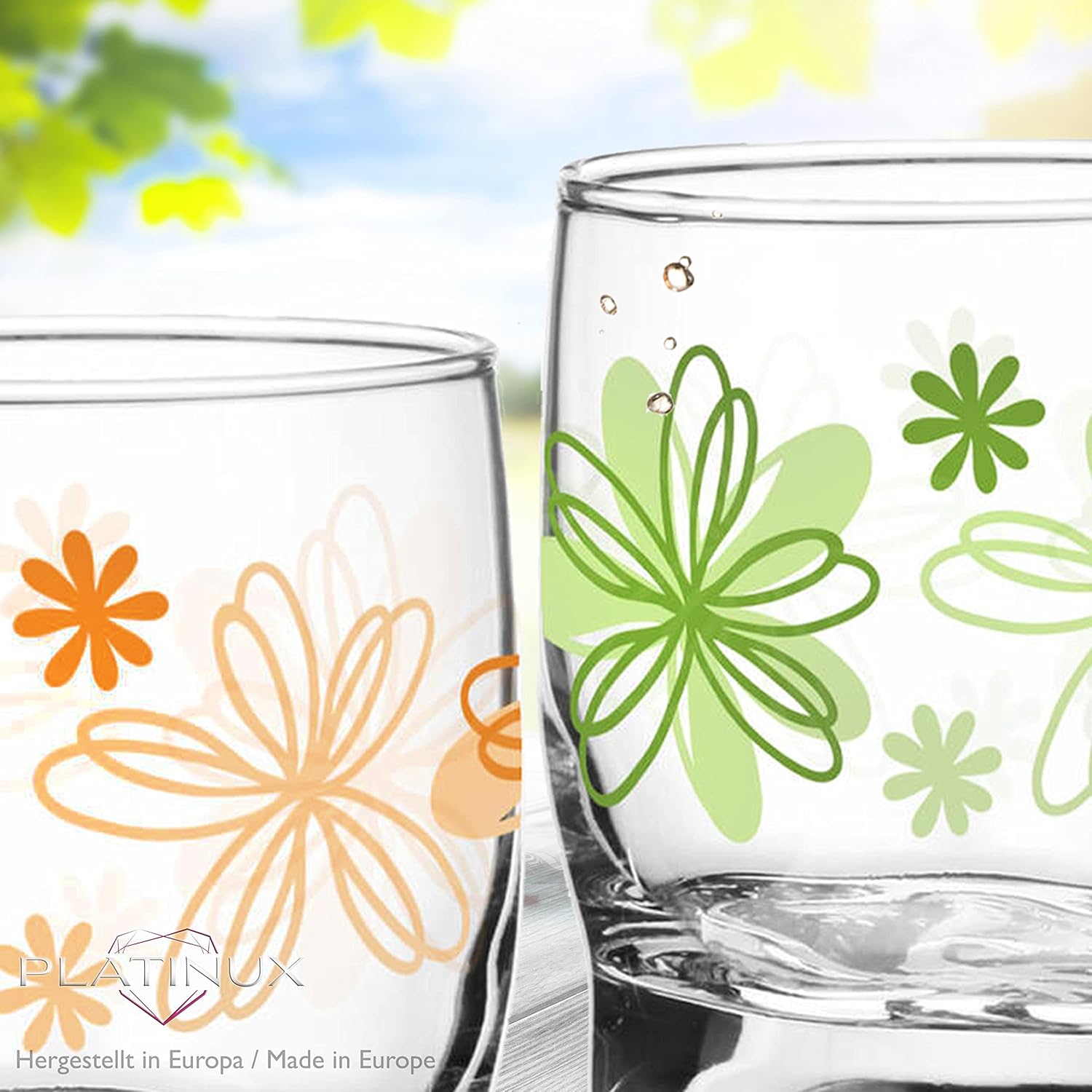 PLATINUX Flower Print Drinking Glasses Set of 6, 250 ml, Water Glasses, Juice Glasses with Beautiful Bottom, Small