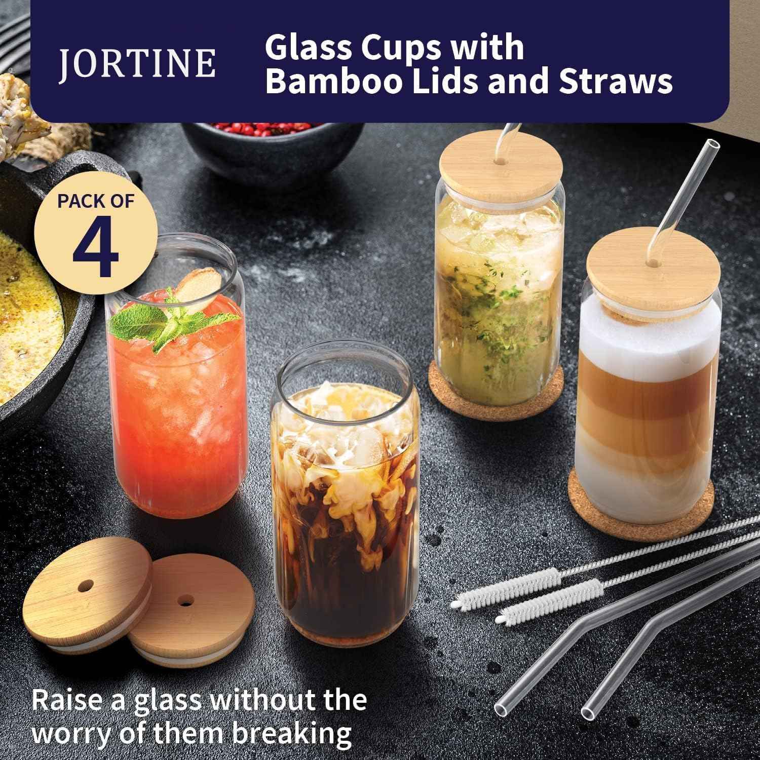 Drinking glass with straw and lid 4 pcs,glass cocktail glasses,iced coffee glasses,tin shape beer glasses,long drink glasses,cocktail glasses for gift,water,coffee,cocktail,soda,smoothie
