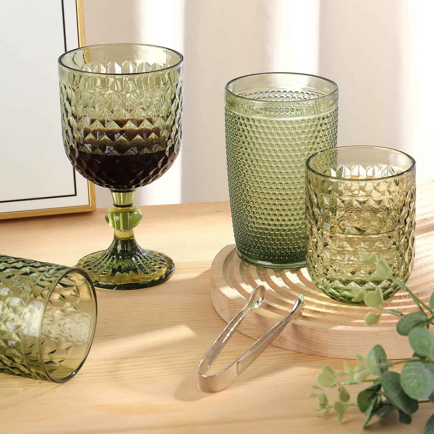 Joeyan Set of 6 Green Water Glass Glasses, 200 ml, Embossed Glass, Elegant Retro Colour Tableware, Glassware for Bar, Restaurant Home, Dishwasher Safe