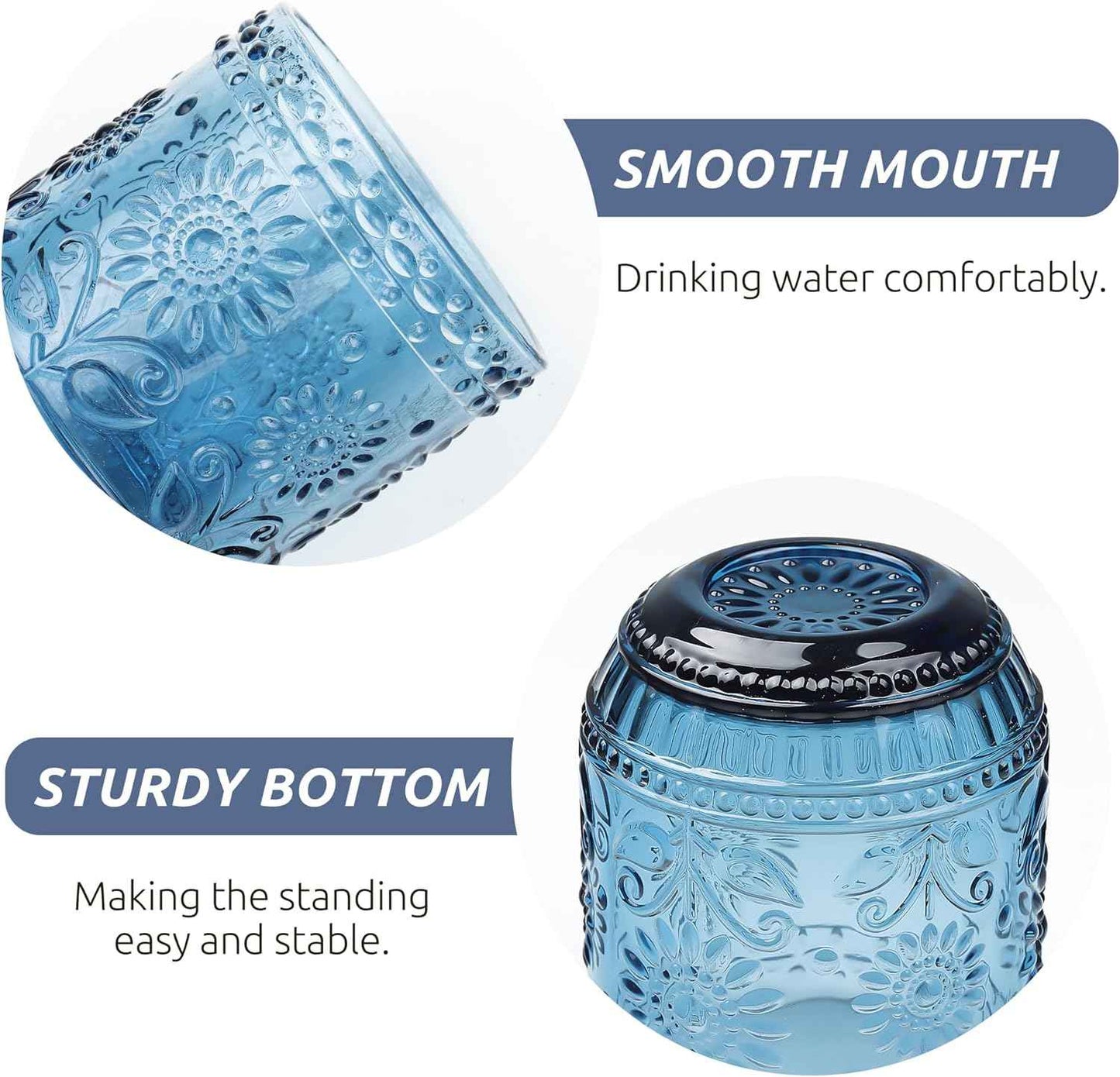 Joeyan Colourful Water Glass, Pack of 4, 360 ml, Stackable, Blue Drinking Glasses, Vintage Flower Embossed Tumblers, for Juice, Drinks, Beer, Cocktail, Lemonade, Juice, Dishwasher Safe
