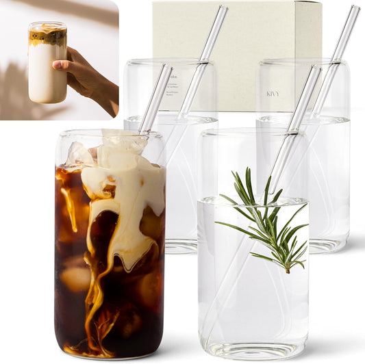 KIVY Drinking Glasses Set with Glass Straw, 4 x 450 ml, for Iced Coffee, Water and Cocktails, Long Drink Glasses, Iced Coffee Glasses, Coffee Glasses, Matcha and Coffee Glasses
