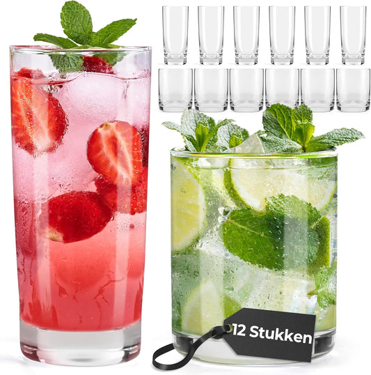 MIAMIO - Drinking glasses set of 12/6 x Small 370 ml and 6x Large 450 ml Glasses for Water, Cocktails, Tea and Beer - Dishwasher safe