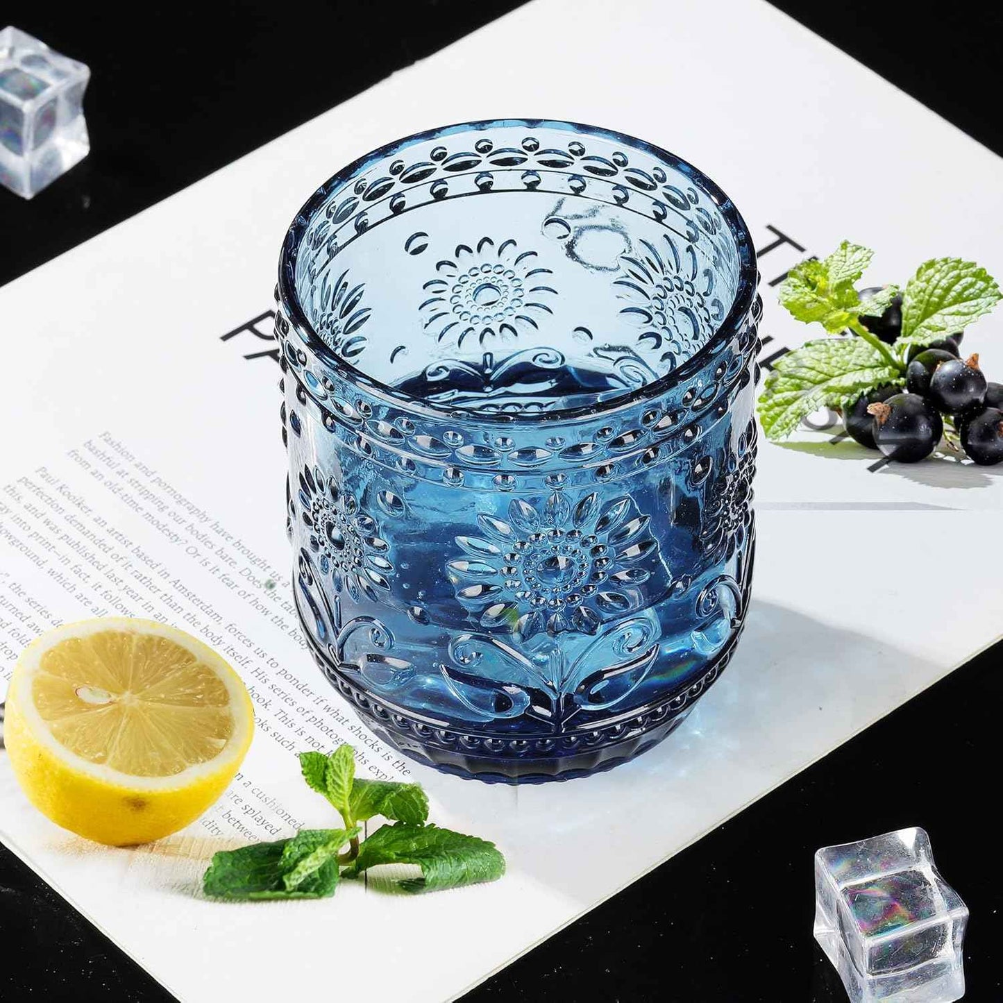 Joeyan Colourful Water Glass, Pack of 4, 360 ml, Stackable, Blue Drinking Glasses, Vintage Flower Embossed Tumblers, for Juice, Drinks, Beer, Cocktail, Lemonade, Juice, Dishwasher Safe