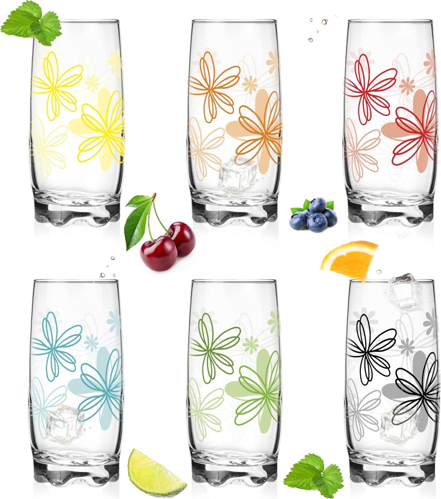 PLATINUX Flower Print Drinking Glasses Set of 6, 250 ml, Water Glasses, Juice Glasses with Beautiful Bottom, Small