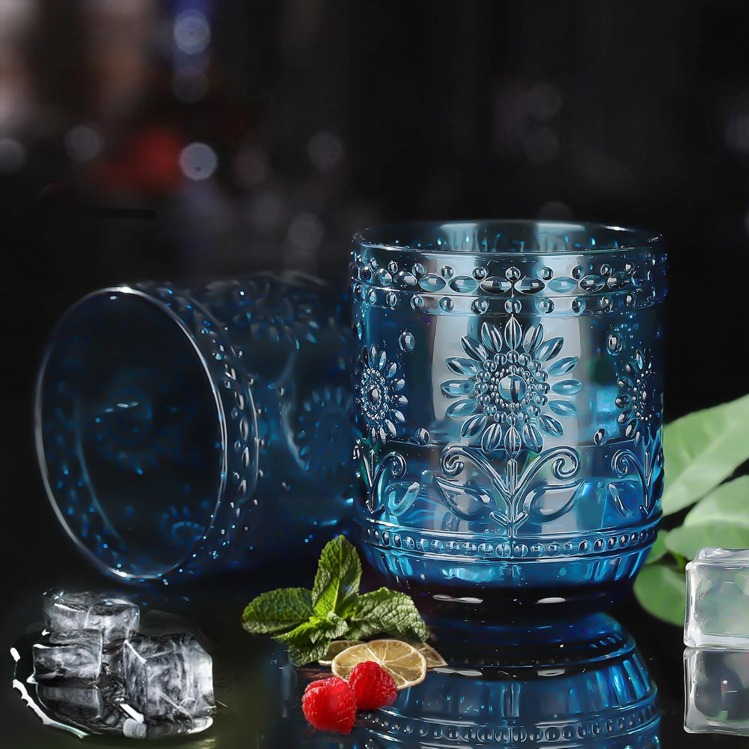 Joeyan Colourful Water Glass, Pack of 4, 360 ml, Stackable, Blue Drinking Glasses, Vintage Flower Embossed Tumblers, for Juice, Drinks, Beer, Cocktail, Lemonade, Juice, Dishwasher Safe