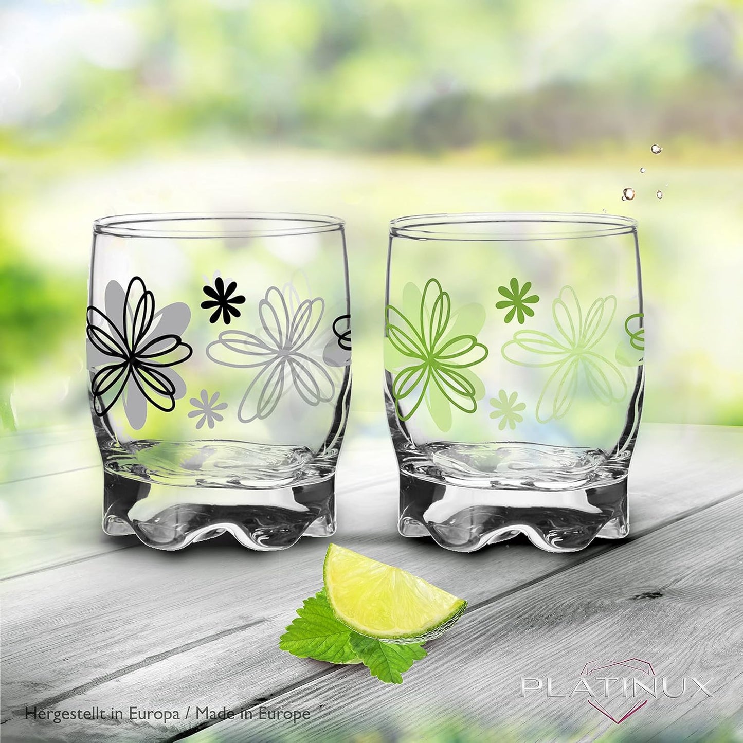 PLATINUX Flower Print Drinking Glasses Set of 6, 250 ml, Water Glasses, Juice Glasses with Beautiful Bottom, Small