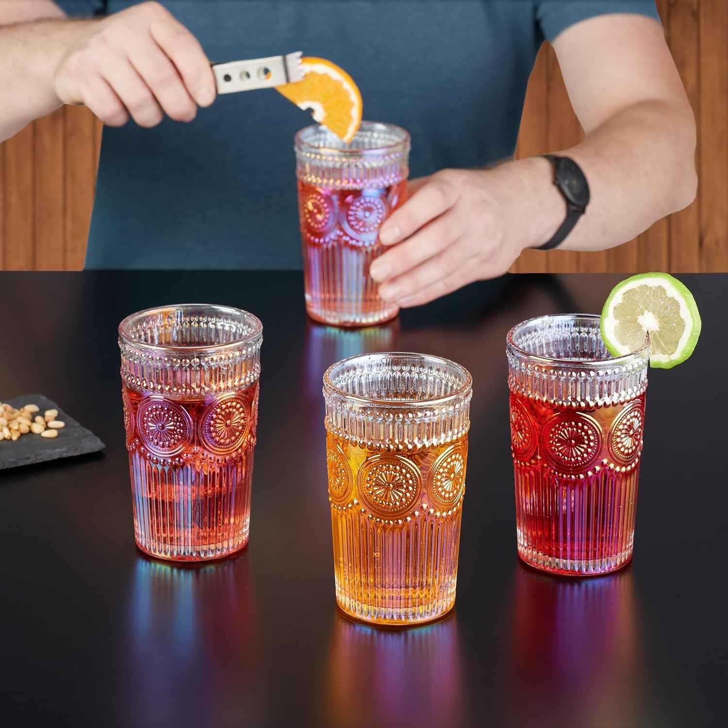 Relaxdays Drinking Glasses Set of 4, Vintage Design, Embossed, Dishwasher Safe, Juice, Lemonade, 360 ml, Coloured