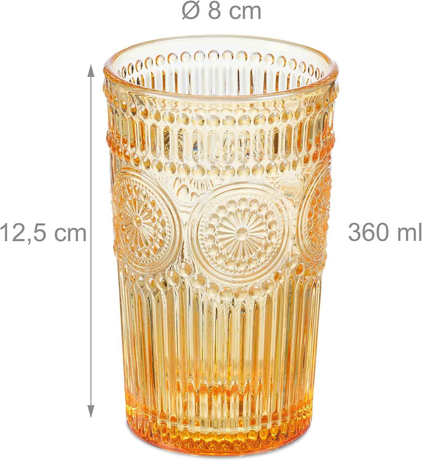 Relaxdays Drinking Glasses Set of 4, Vintage Design, Embossed, Dishwasher Safe, Juice, Lemonade, 360 ml, Coloured