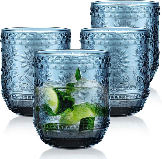 Joeyan Colourful Water Glass, Pack of 4, 360 ml, Stackable, Blue Drinking Glasses, Vintage Flower Embossed Tumblers, for Juice, Drinks, Beer, Cocktail, Lemonade, Juice, Dishwasher Safe