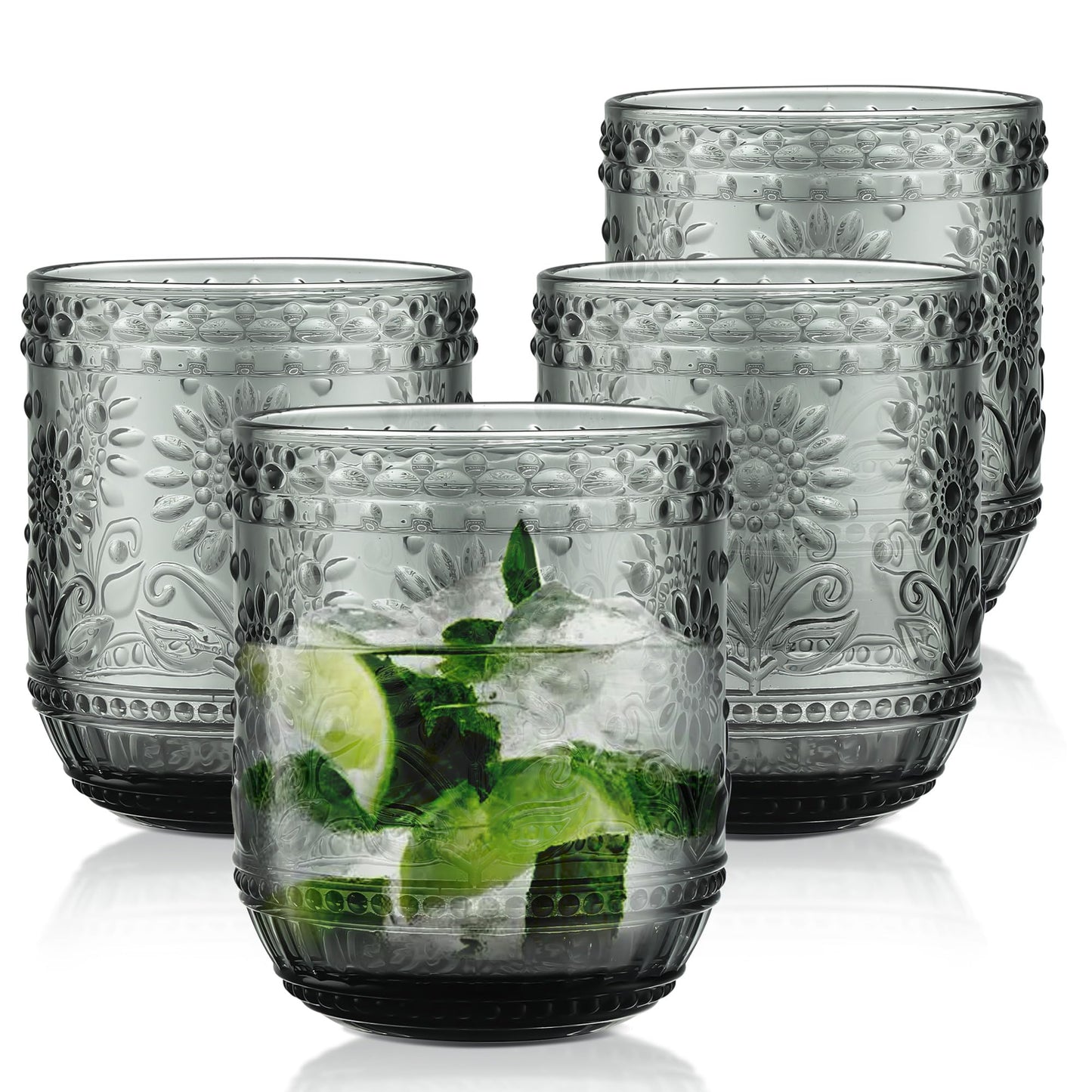 Joeyan Colourful Water Glass, Pack of 4, 360 ml, Stackable, Blue Drinking Glasses, Vintage Flower Embossed Tumblers, for Juice, Drinks, Beer, Cocktail, Lemonade, Juice, Dishwasher Safe