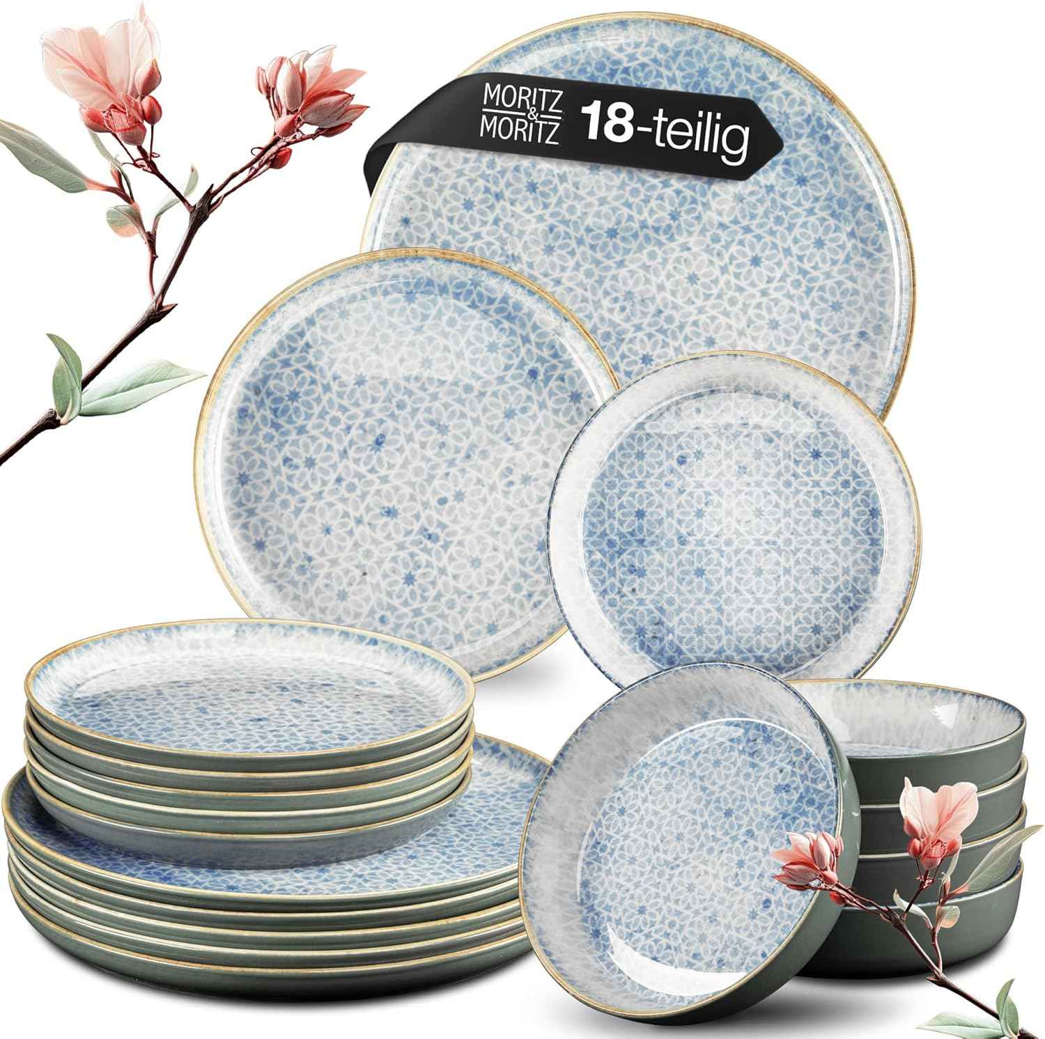 Moritz & Moritz TERRA 18-Piece Dinnerware Set for 6 People, Plate Set in Bright Blue, Made of High Quality Porcelain Dinner Set for 6 People, 6 x Dinner Plates, Dessert Plates and Bowls Each