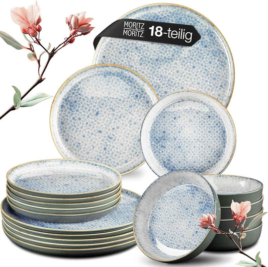 Moritz & Moritz TERRA 18-Piece Dinnerware Set for 6 People, Plate Set in Bright Blue, Made of High Quality Porcelain Dinner Set for 6 People, 6 x Dinner Plates, Dessert Plates and Bowls Each
