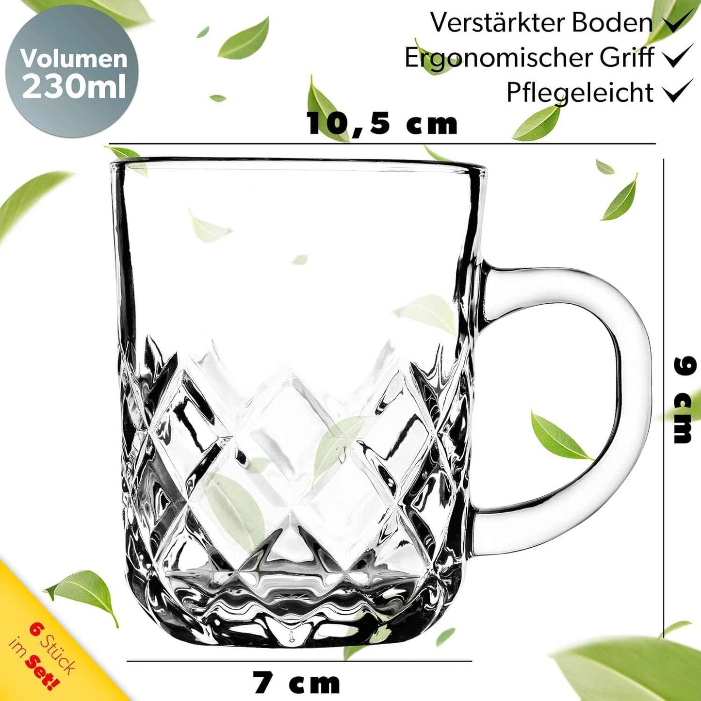 KADAX Tea Glasses Set of 6 Glasses with Handle, Glass Cups for 6 People, Dishwasher Safe, Drinking Glasses for Coffee, Tea, Water, Juice, Drink, Juice Glasses, Water Glasses, Glass Set