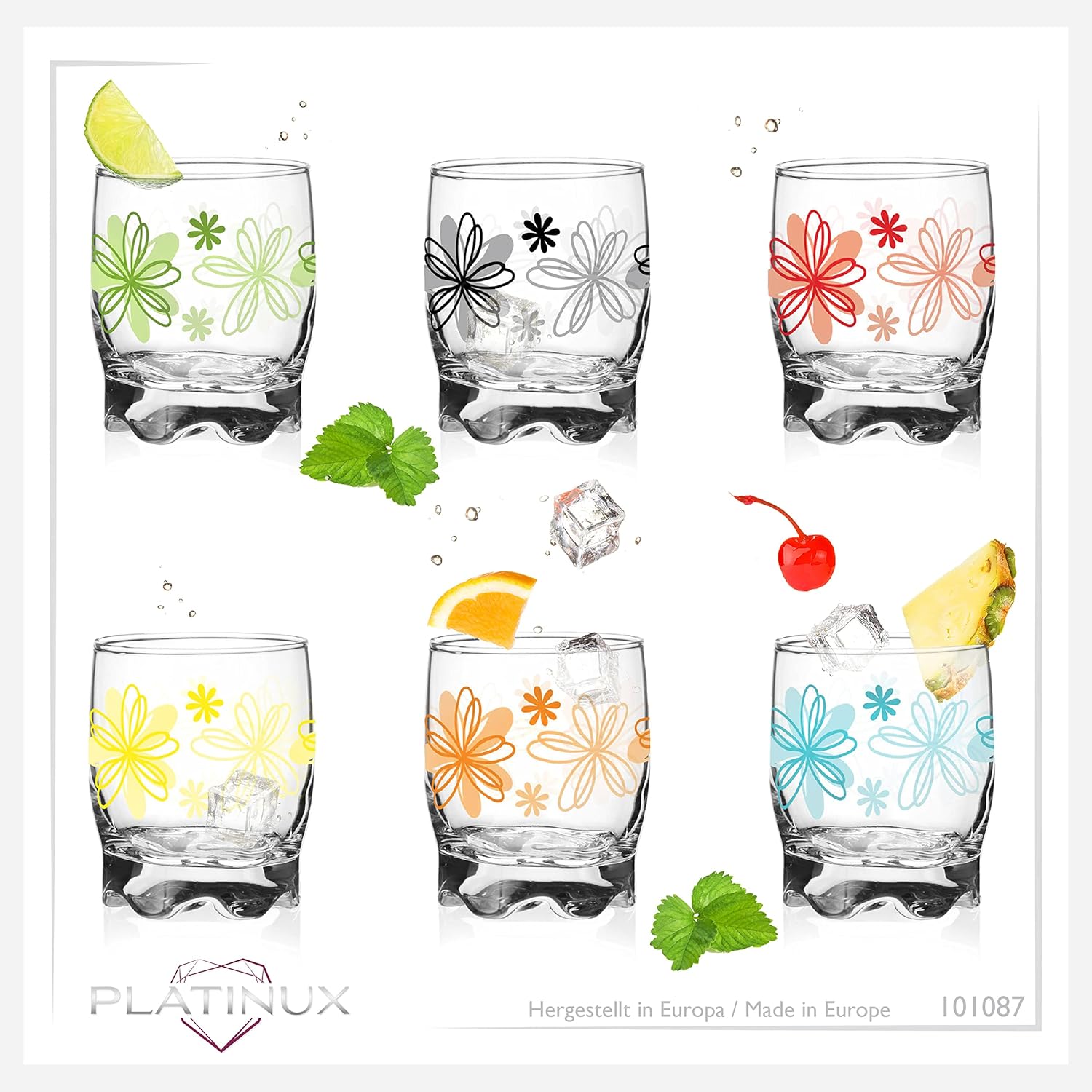 PLATINUX Flower Print Drinking Glasses Set of 6, 250 ml, Water Glasses, Juice Glasses with Beautiful Bottom, Small
