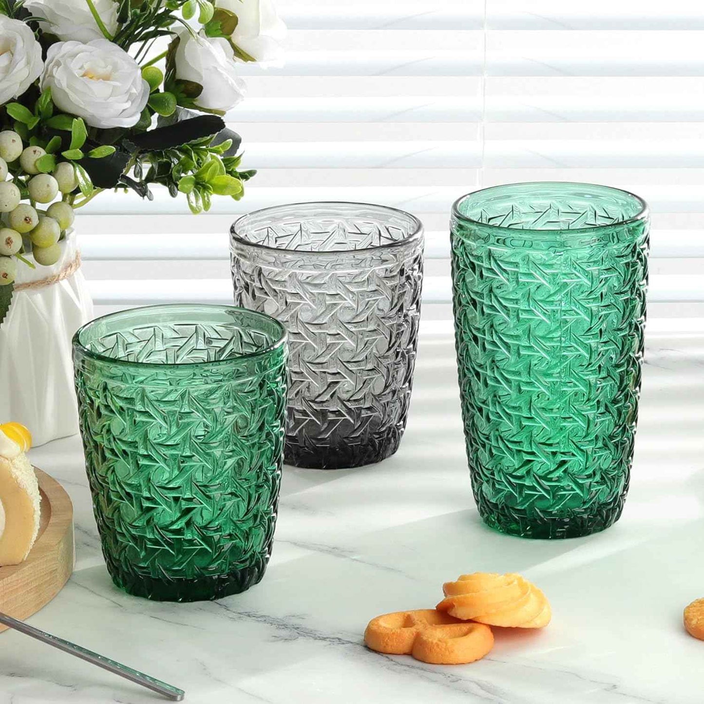 Joeyan 300 ml green glasses, set of 6, vintage drinking glasses, colourful with embossed design, coloured water glasses, dishwasher safe