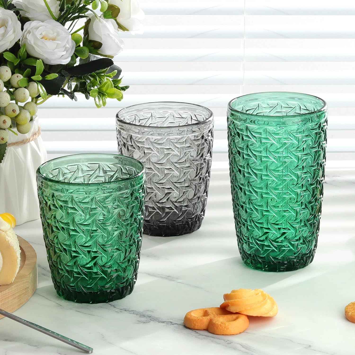 Joeyan 300 ml green glasses, set of 6, vintage drinking glasses, colourful with embossed design, coloured water glasses, dishwasher safe