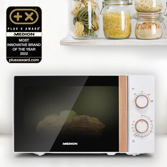 MEDION Microwave oven (wood look, 20 litres, 700 watts, mirror door, 5 power modes, defrost function, timer, MD10596) white