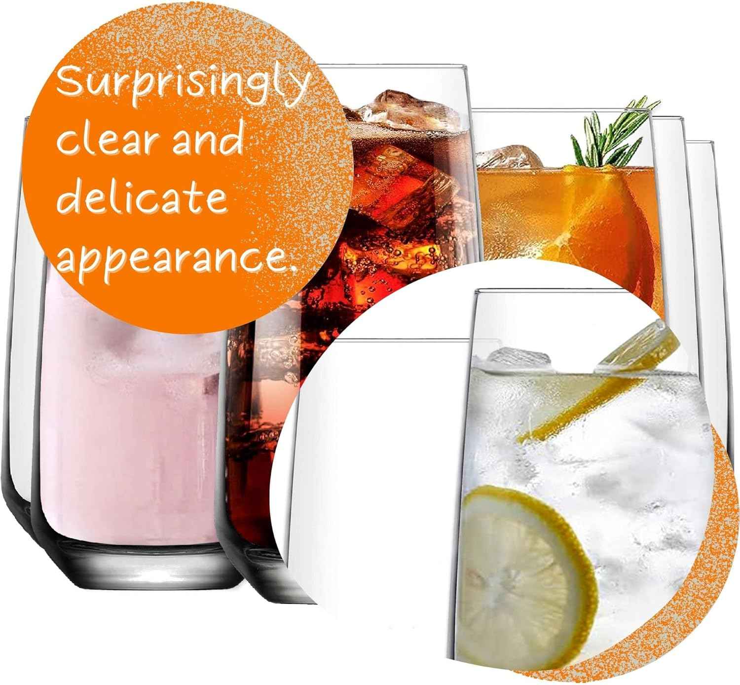 NORDIC SCHILLER Long Drink Glasses, Cocktail Glasses, Set of 6, 480 ml, 100 Pieces, Mojito Free, Water Glasses, Dishwasher Safe, Drinking Glasses, Large Long Drink Glass, Highball Glasses, Coktail