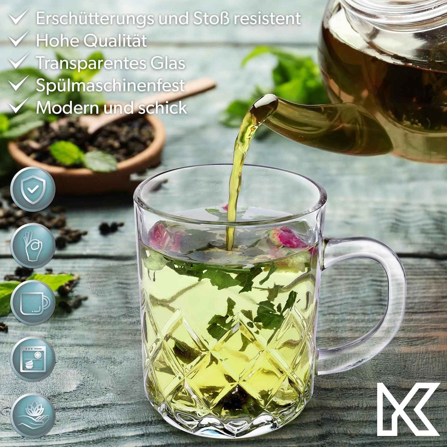 KADAX Tea Glasses Set of 6 Glasses with Handle, Glass Cups for 6 People, Dishwasher Safe, Drinking Glasses for Coffee, Tea, Water, Juice, Drink, Juice Glasses, Water Glasses, Glass Set