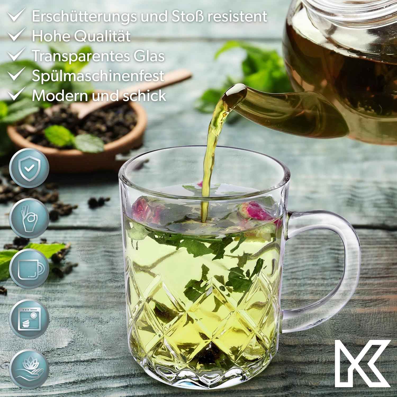 KADAX Tea Glasses Set of 6 Glasses with Handle, Glass Cups for 6 People, Dishwasher Safe, Drinking Glasses for Coffee, Tea, Water, Juice, Drink, Juice Glasses, Water Glasses, Glass Set